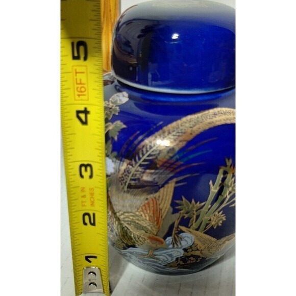 Ginger Jar  With Lid‎ Cobalt Blue with a Painting Of a  Gold Pheasant 5.5in Tall - Picture 8 of 11